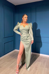 Newinlook Dusty Sage Long Sleeves Front Split V-Neck Evening Dress Elegant