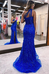 Newinlook Fashion One Shoulder Sleeveless Blue Slit Mermaid Evening Dress With Beautiful Appliques