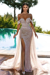 Newinlook Off-The-Shoulder Gorgeous Sweetheart Mermaid Beadings Evening Dress Sequins With Slit Tulle