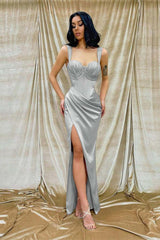 Straps Sweetheart Sleeveless Mermaid Long Formal Dress With Split