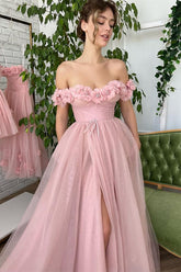 Newinlook Dusty Pink A-Line Slit Strapless Off-The-Shoulder Evening Dress With Tulle Appliques