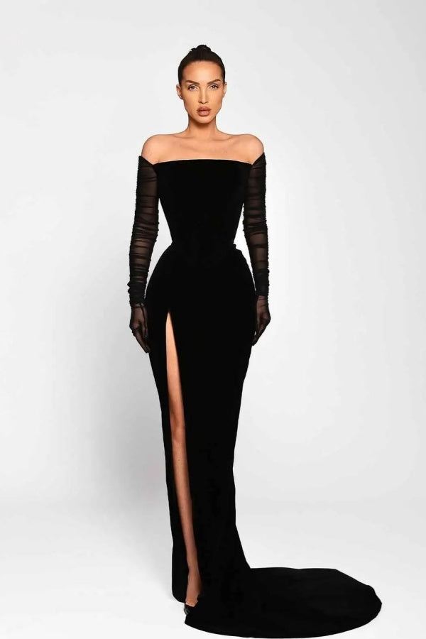 Newinlook Black Long Sleeves Split Strapless Evening Dress