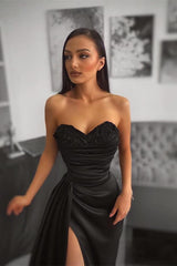 Newinlook Noble Black Sweetheart Slit Mermaid Evening Dress With Handmade Flower