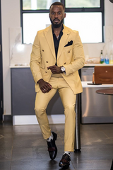 Newinlook Glamorous Yellow Double-Breasted Groom Suit with Peaked Lapel