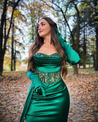 Newinlook Dark Green Elegant Sweetheart Split Sequins Evening Dress With Gloves