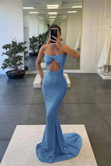 Newinlook Strapless Blue Mermaid Evening Dress With Sleeveless Halter