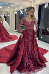 Newinlook Burgundy Long Sleeve Mermaid Evening Dress With Beautiful Sequins Beadings Overskirt