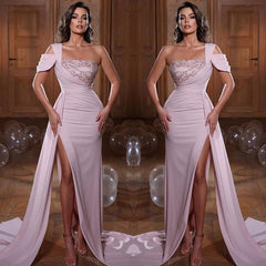Newinlook One Shoulder Glamorous Mermaid Sequins Evening Dress With Slit Ruffles