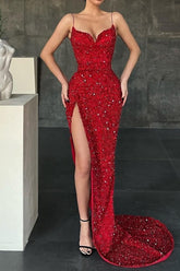 Newinlook Red Spaghetti-Straps Mermaid Evening Dress Split With Sequins