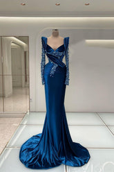 Formal Dress Royal Blue Long Sleeves Mermaid Charmeuse Beading