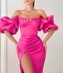 Newinlook Fuchsia Strapless Mermaid Off-The-Shoulder Puff Sleeves Evening Dress With Split