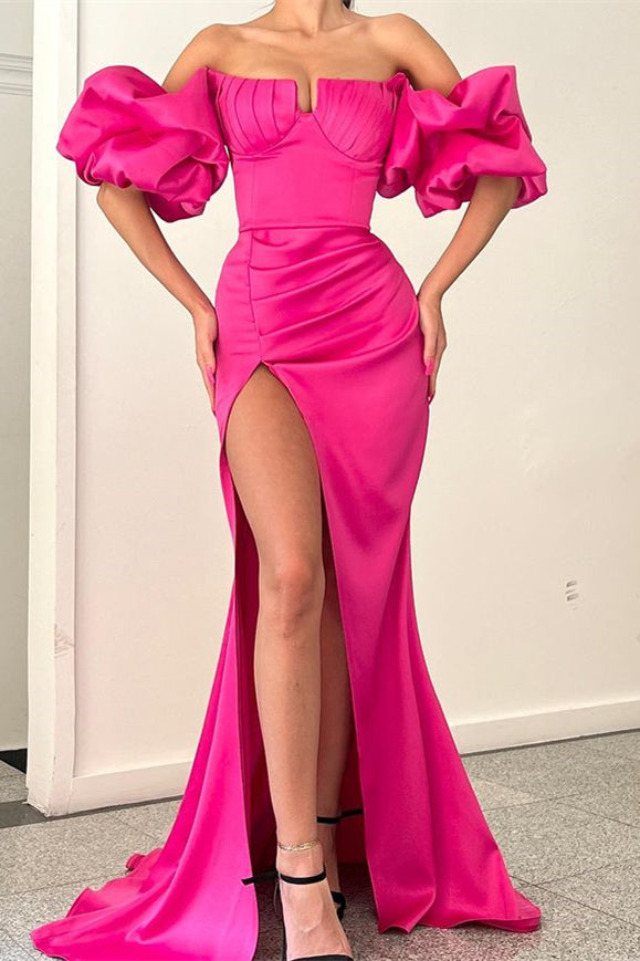 Newinlook Fuchsia Strapless Mermaid Off-The-Shoulder Puff Sleeves Evening Dress With Split