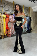 Fabulous Floor-Length Off-The-Shoulder Mermaid Black Prom Dress with Elegant Appliques