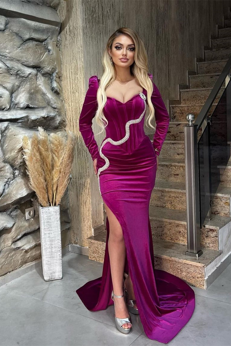 Fabulous Floor-Length Sweetheart Long Sleeve Mermaid Satin Prom Dress with a Dramatic Split