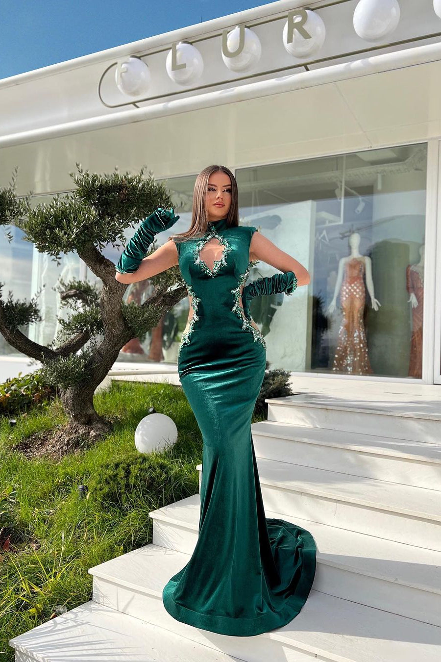 Fabulous Long Mermaid High Neck Sleeveless Dress with Rhinestone Accents