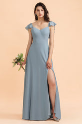 Fashion Dusty Blue Chiffon Sweetheart Slit Bridesmaid Dress with Ruffles Online