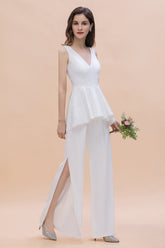Fashion V-Neck Lace Side Slit Bridesmaid Jumpsuits with Hollowout On Sale