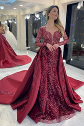 Newinlook Burgundy Long Sleeve Mermaid Evening Dress With Beautiful Sequins Beadings Overskirt