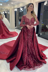 Newinlook Burgundy Long Sleeve Mermaid Evening Dress With Beautiful Sequins Beadings Overskirt