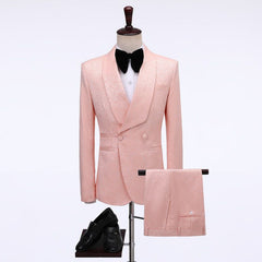 Newinlook Pink Jacquard Double-Breasted Shawl Lapel Wedding Suit