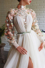 Newinlook White Mermaid Long Sleeves Evening Dress With Flowers Split High Collar