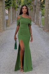 One Shoulder Sleeveless Long Mermaid Formal Dress With Split Pleated