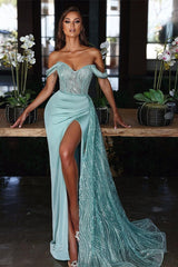 Newinlook Light Blue Long Slit Mermaid Off-The-Shoulder Evening Dress With Sequins Ruffles
