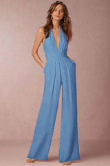 Newinlook Casual Black Deep V-Neck Halter Long Daily Jump Suit