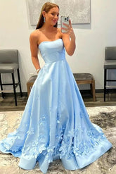 Newinlook Baby Blue Strapless Appliques Sleeveless Evening Dress