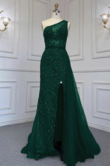 Newinlook Elegant Beadings One Shoulder Tulle Evening Dress With Slit Rhinestone