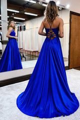 Newinlook Gorgeous Royal Blue Sweetheart Spaghetti Straps Slit Evening Dress With Appliques