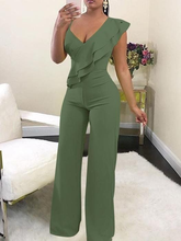 Newinlook Chic Green V-Neck Slim Fit Daily Jump Suit With Ruffles