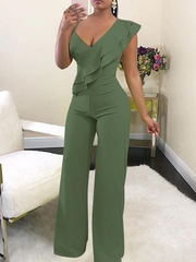 Newinlook Chic Green V-Neck Slim Fit Daily Jump Suit With Ruffles