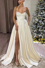 Black Halter Sweetheart Sleeveless Long Formal Dress With Split