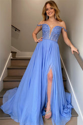 Newinlook Blue Sweetheart Off-The-Shoulder Split Tulle Evening Dress With Appliques