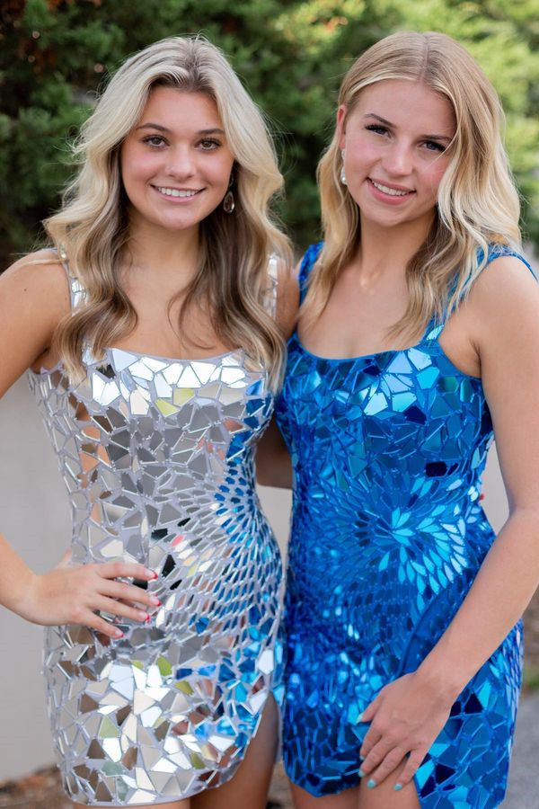 Square-Neck Silver Cut-Mirror Sequin Bodycon Homecoming Dress Newinlook Square-Neck Silver Cut-Mirror Sequin Bodycon Homecoming Dress Newinlook