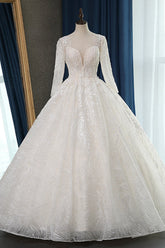 Glamorous Ball Gown Jewel Appliques Wedding Dress Long Sleeves Bridal Gowns Online