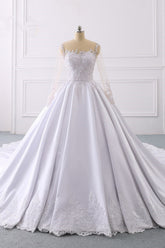Glamorous Ball Gown Jewel Satin Tulle Wedding Dress Long Sleeves Ruffles Lace Bridal Gowns Online