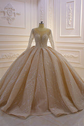 Glamorous Ball Gown Tulle Jewel Wedding Dress Long Sleeves Ruffles Beadings Sequined Bridal Gowns Online