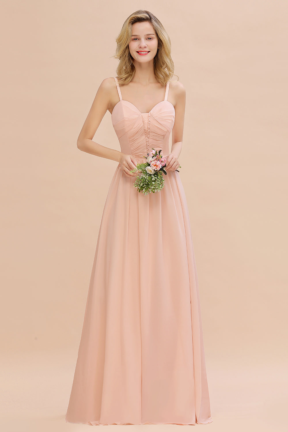 Glamorous Chiffon Spaghetti Straps Ruffle Long Bridesmaid Dresses Affo