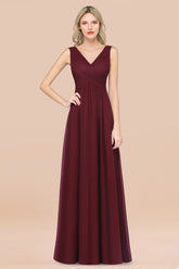 Glamorous Chiffon V-Neck Sleeveless Burgundy Bridesmaid Dress with Draped Back