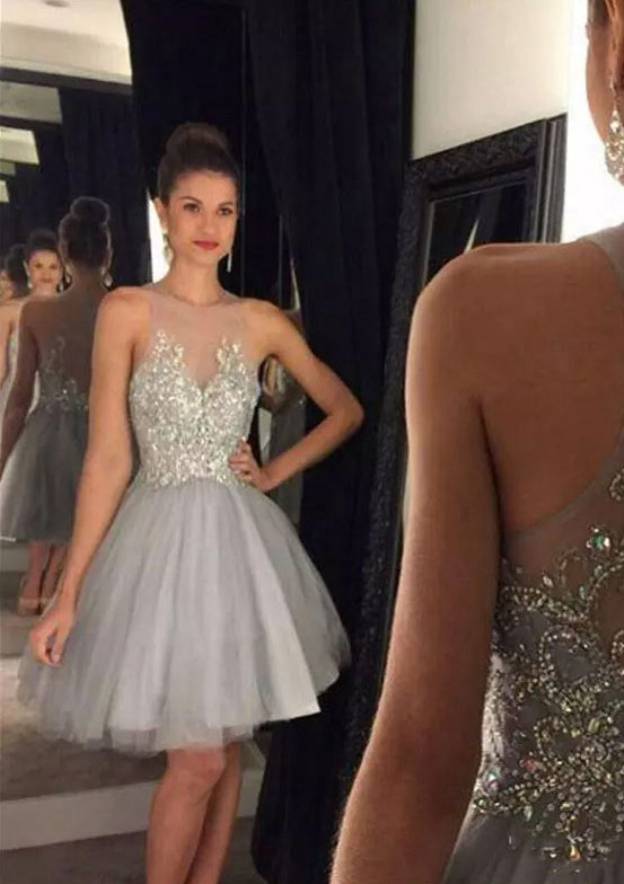 Glamorous A-Line/Princess Bateau Short/Mini Tulle Cocktail Dress with Beaded Detail