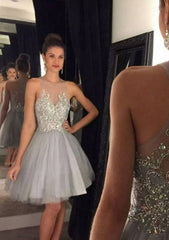 Glamorous A-Line/Princess Bateau Short/Mini Tulle Cocktail Dress with Beaded Detail