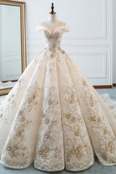 Glamorous Jewel Sleeveless Champagne Wedding Dress Appliques Bridal Gowns with Beadings Online