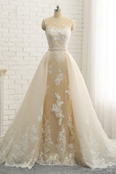 Glamorous Jewel Tulle Champagne Wedding Dress Appliques Sleeveless Overskirt Bridal Gowns with Beading Sash Online