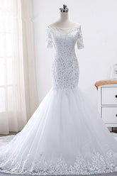 Glamorous Jewel Tulle Lace Wedding Dress Mermaid Short Sleeves Beading Bridal Gowns Online