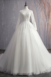 Glamorous Jewel White Tulle Lace Wedding Dress Long Sleeves Appliques Bridal Gowns On Sale