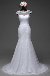 Glamorous Lace Jewel White Mermaid Wedding Dresses with Beadings Online