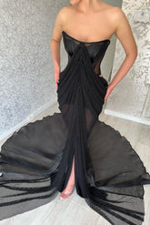 Glamorous Long Black Strapless Front-Split Prom Dress