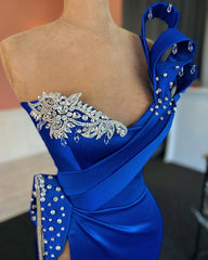 Charming Royal Blue One Column Shoulder Jewels Prom Dress With Slit